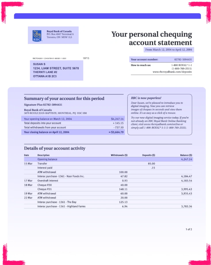 personal chequing account statement